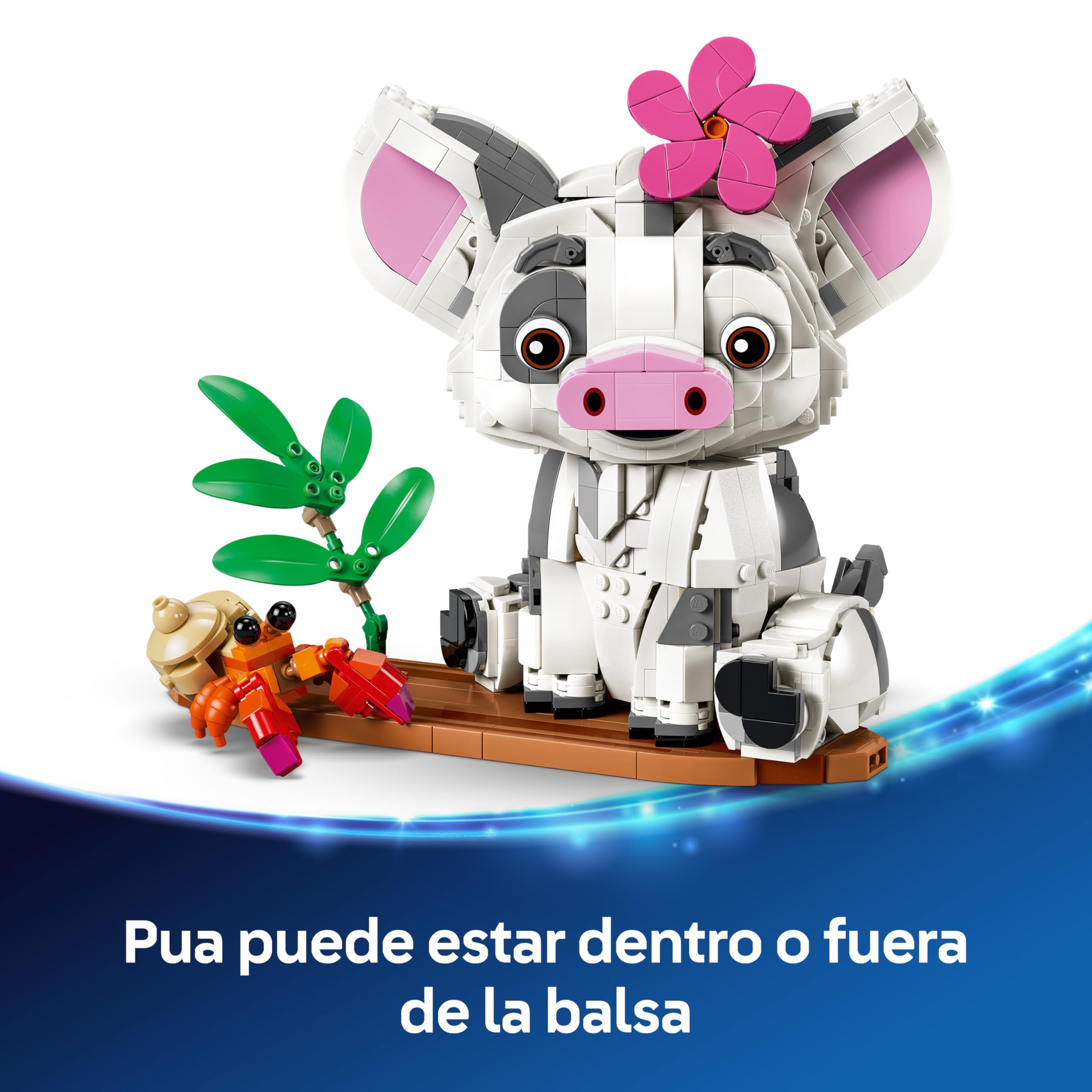LEGO | Disney Vaiana Pua – Figura Animal de Cerdo de Juguete con Flor, Cangrejo y Barco – Decoración del Dormitorio Infantil – Idea de Regalo para Niñas de 9+ Años y Fans de la Película – 43292