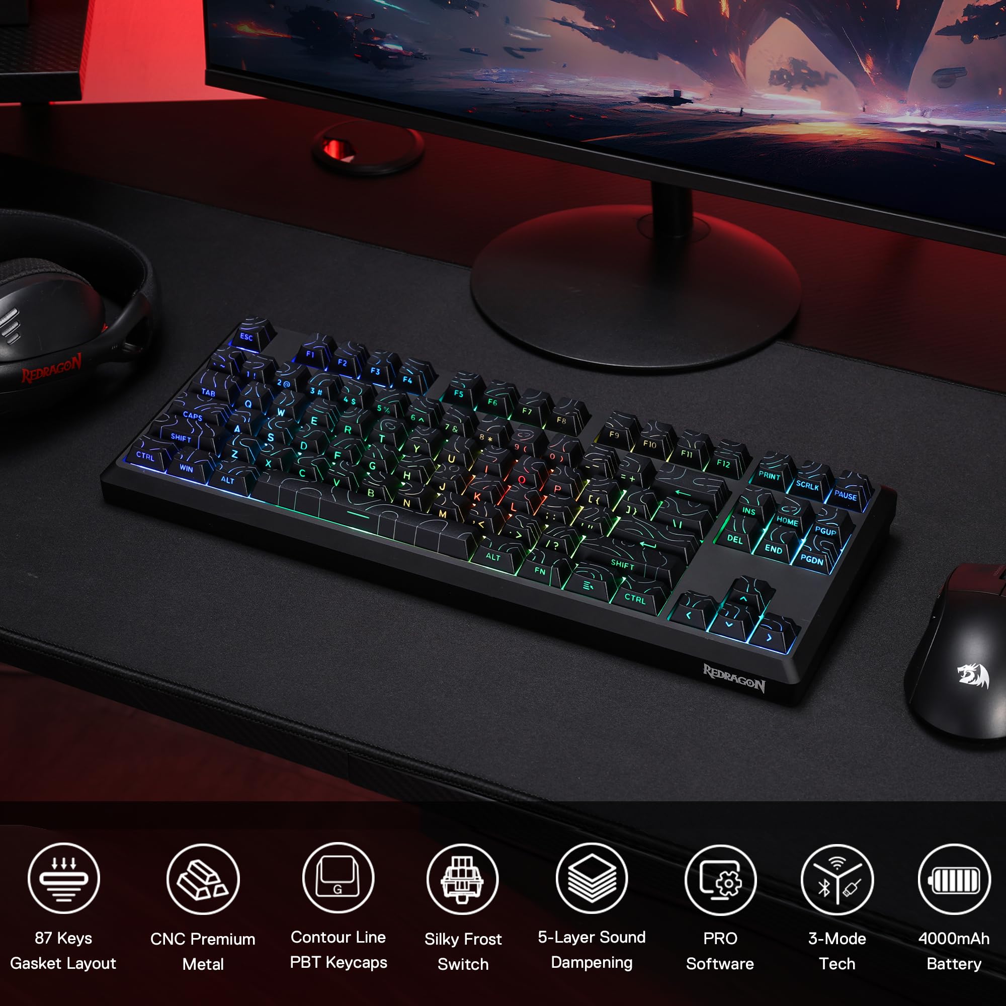 Amazon.com: Redragon K737 PRO Wireless 87 Keys Gasket Gaming