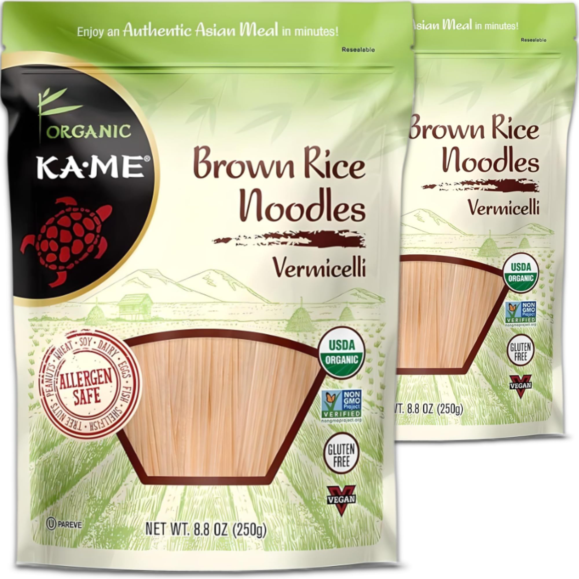 KA-ME Organic Brown Rice Vermicelli Glass Noodles - Gluten-Free, USDA Organic, Non-GMO, Vegan, Versatile & Perfect for Asian Recipes - 8.8oz (Pack of 2)