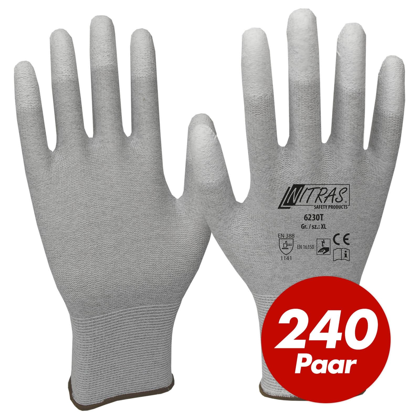 NITRAS ESD-Handschuhe 6230T, antistatisch, touchscreenfähig, teilbeschichtet auf Fingerkuppen - VPE 240 Paar, Größe:8