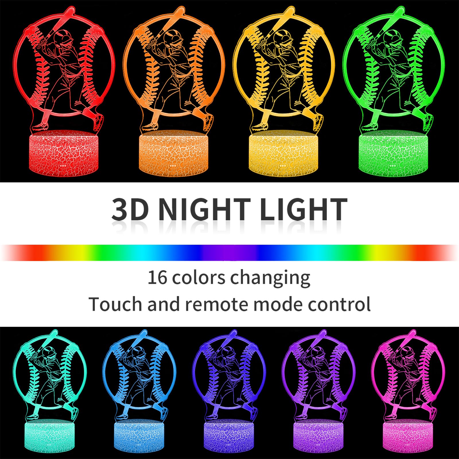 3D Optical Illusion Baseball Night Light - 16 Color Changing LED Lamp With Remote, USB Power, Touch Control - Kids Room Decor Gift - View #4