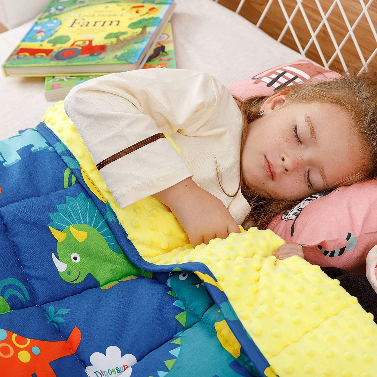 Buzio Weighted Blanket 7 lbs for Twin/Full-Size Bed, Ultra Cozy Minky Dotted and Cotton Sided with Cartoon Patterns, Heavy Blanket Great for Calming and Sleeping, 41x60 inches, Blue Dinosaur Park
