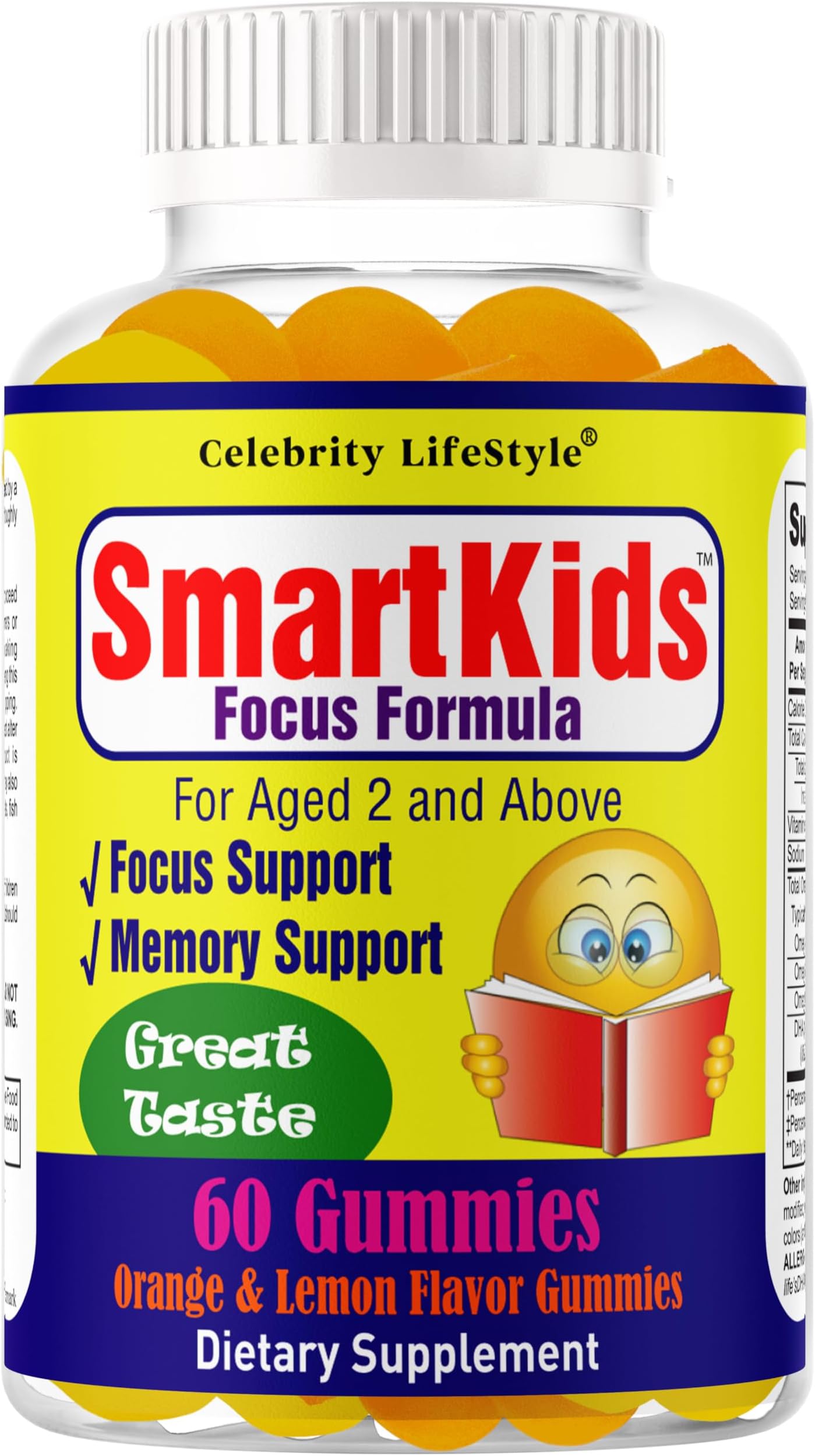Smart Kids Focus Gummies with Omega 3 6 9 DHA, Brain Support Teen Vitamin, Kids Focus and Attention Supplements, Vegetarian Memory Supplement for Brain, Orange Flavor 60 Gummies