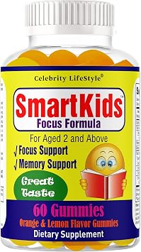 Smart Kids Focus Gummies with Omega 3 6 9 DHA, Brain Support Teen Vitamin, Kids Focus and Attention Supplements, Vegetarian Memory Supplement for Brain, Orange Flavor 60 Gummies