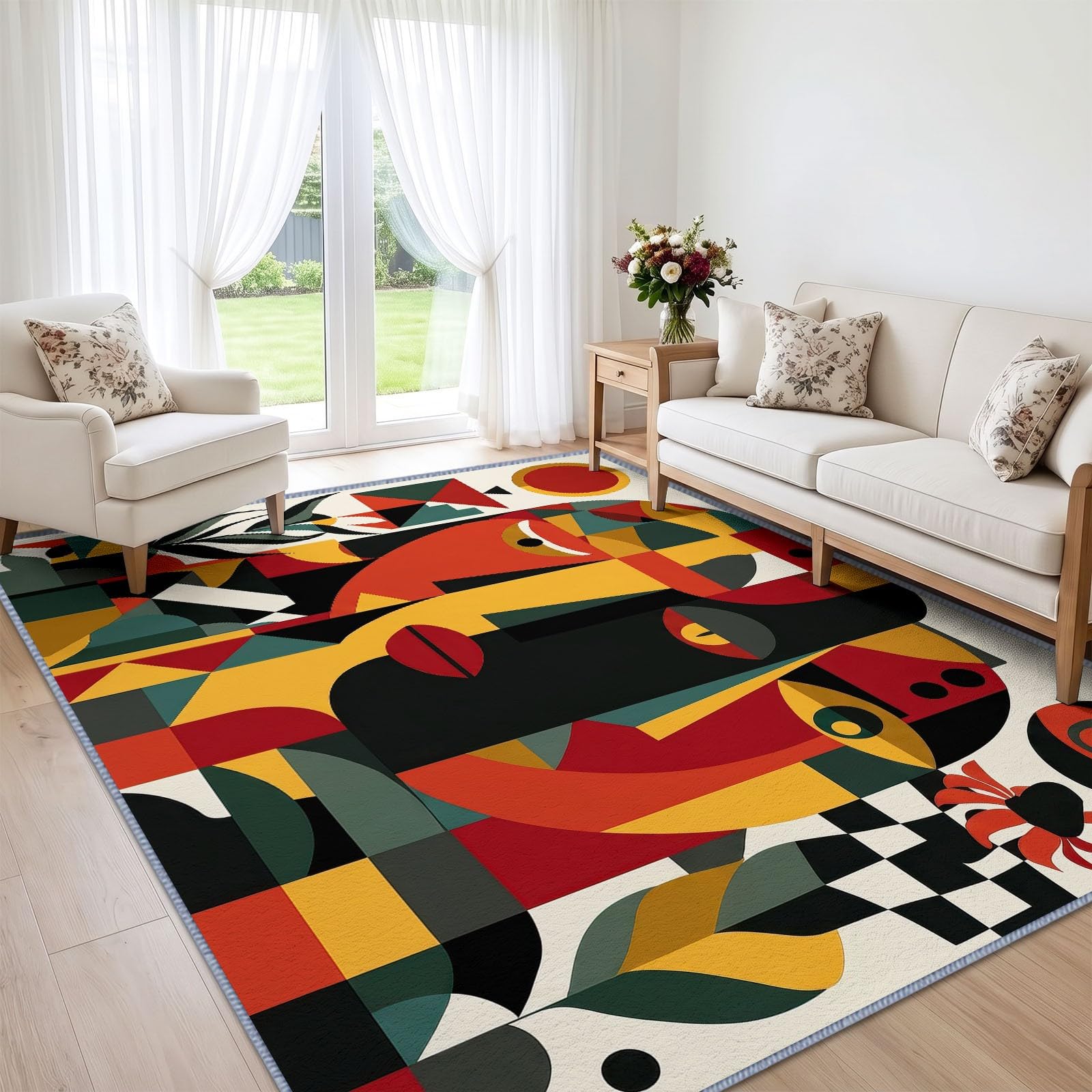 Alfombra de salón africana, 140 x 200 cm, máscara facial geométrica, alfombra de pelo corto, lavable moderna, decorativa antideslizante y suave para sala de estar, dormitorio y oficina