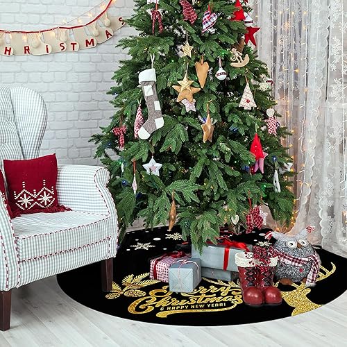 Miniatura 3 de Falda de árbol de Navidad de 48 pulgadas, falda de árbol de Navidad negra y dorada con alce de copo de nieve, decoración de árbol de Navidad,