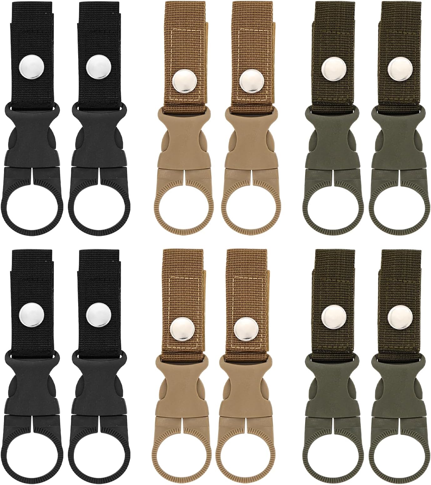 braxan 12 Pcs Water Bottle Belt Holder, Portable Mineral Water Bottle Clip Ring Backpack Clip Strap Buckle For Outdoor Camping/Hiking/Traveling(Black + Khaki + Army Green)