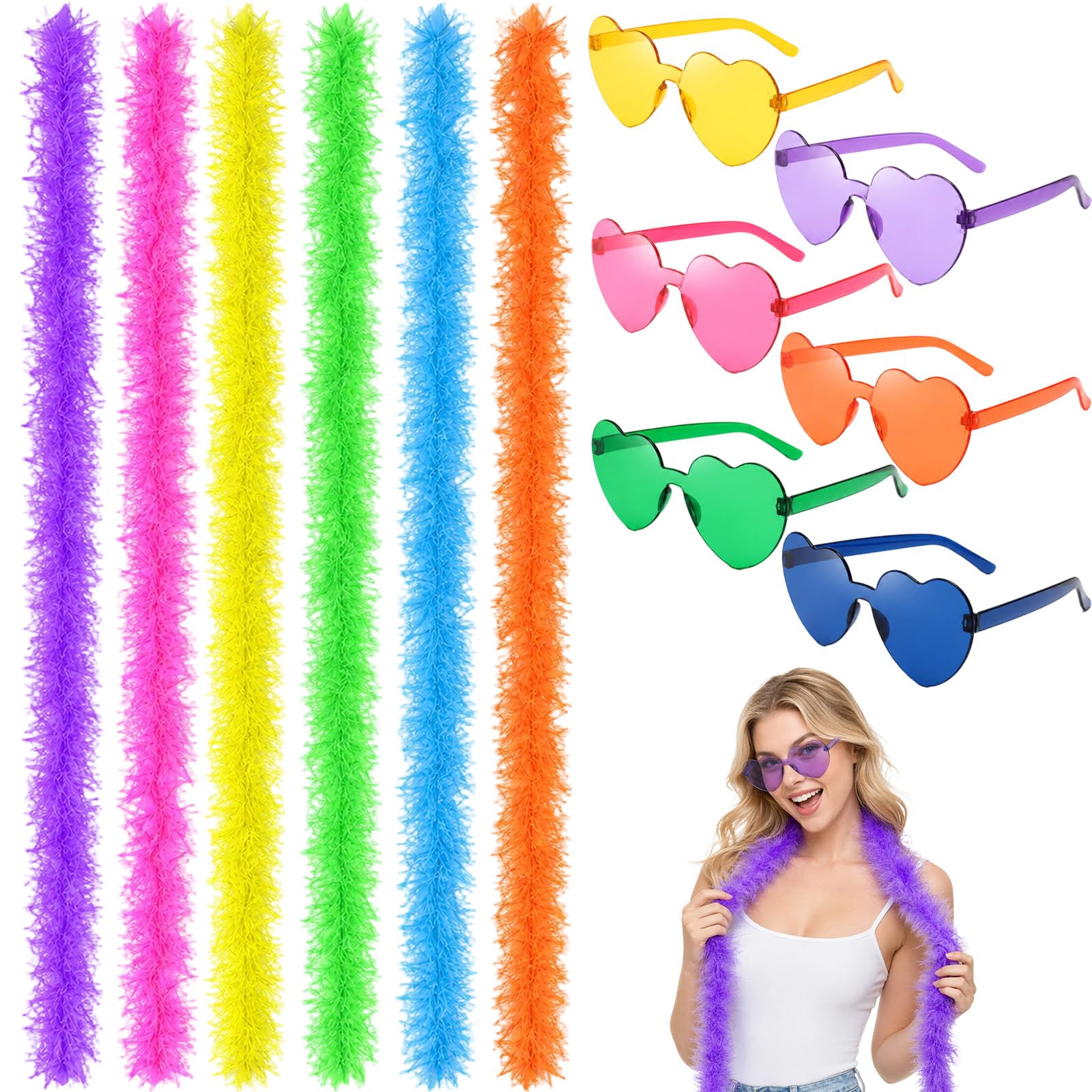 12PCS Feather Boas Multipack, Multipack Feather Boas with 6 PCS Frameless Sunglasses, Colorful Feather Boas for Prom, Halloween Accessories for Women, Dancing Wedding Party
