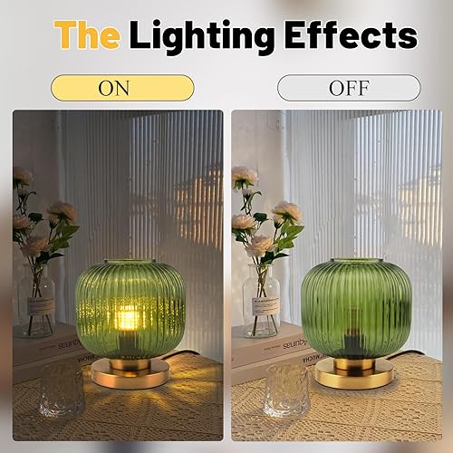 Miniatura 2 de Lámpara de mesa de cristal verde de mediados de siglo moderna lámpara de mesa acanalada pantalla de vidrio dorado lámpara de mesa pequeña lámpara de