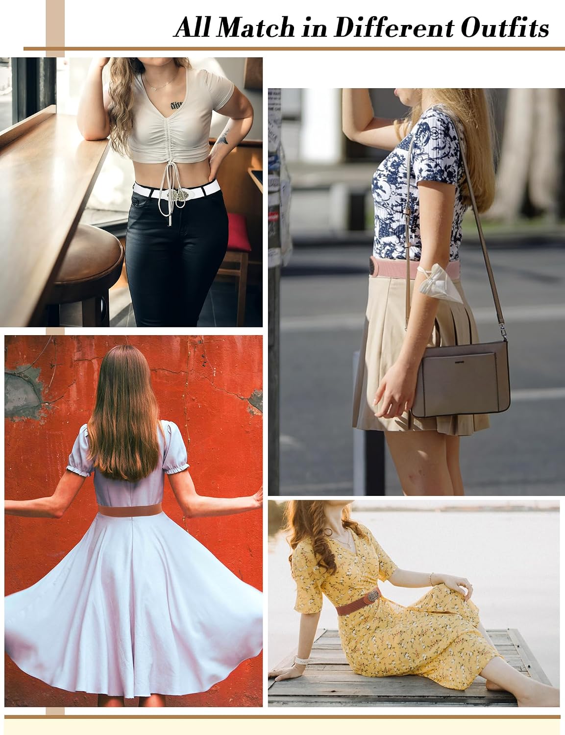 4 Pack Women Elastic Waist Belt for Dresses, Stretchy Belts for Women with Retro Buckle 1.57" Width