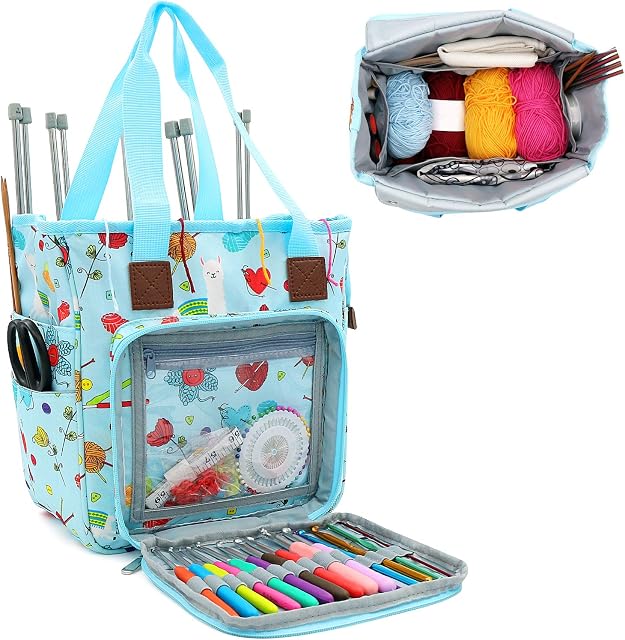 SumDirect Yarn Bag, Knitting Organizer Tote Bag Portable Storage Bag for Yarns, Carrying Projects, Knitting Needles, Crochet Hooks, Manuals and Other Accessories (Cute Blue)