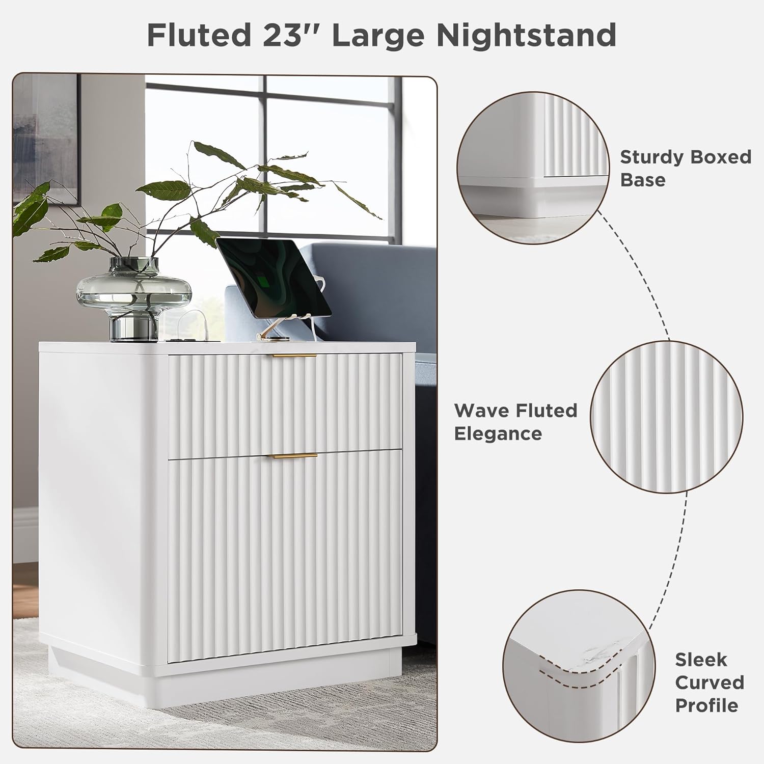 Diagram highlighting the fluted design, sturdy base, and sleek curved profile of the nightstand