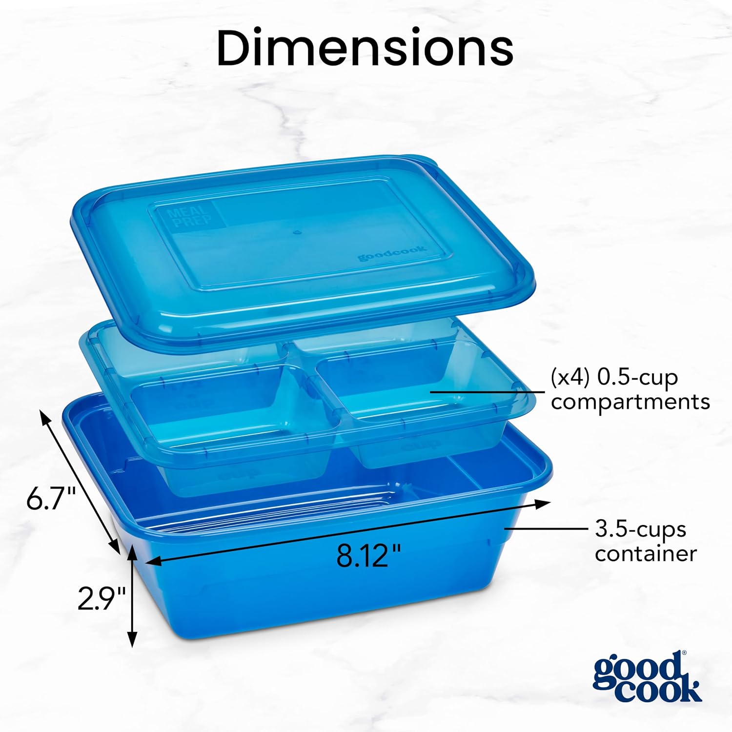 GoodCook Meal Prep Containers with Removable Bento Tray, Square 5.5-Cup