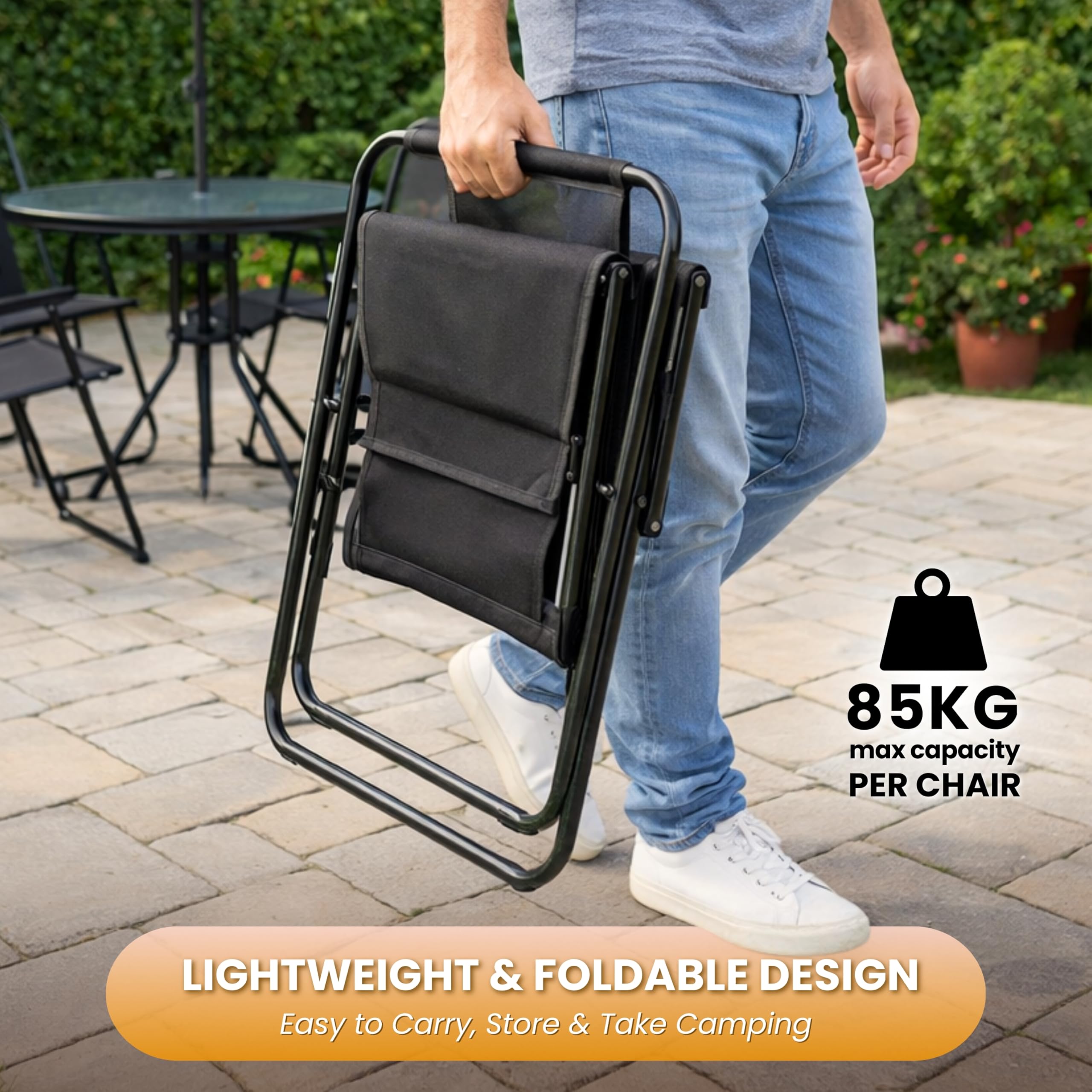 Garden Mile Moderno juego de muebles plegables de 6 piezas, resistente a la intemperie, sombrilla y 4 sillas, accesorios decorativos para interiores y exteriores para balcón, patio y jardín (negro)