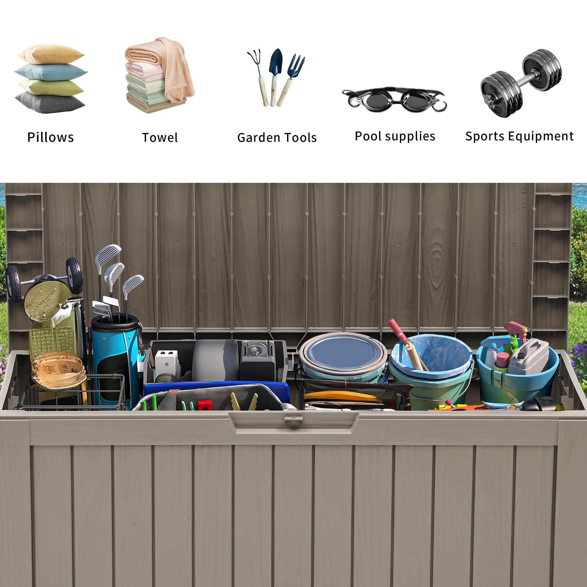 YITAHOME 72 Gallon Outdoor Storage Box filled with various items like pillows, towels, garden tools, pool supplies, and sports equipment.