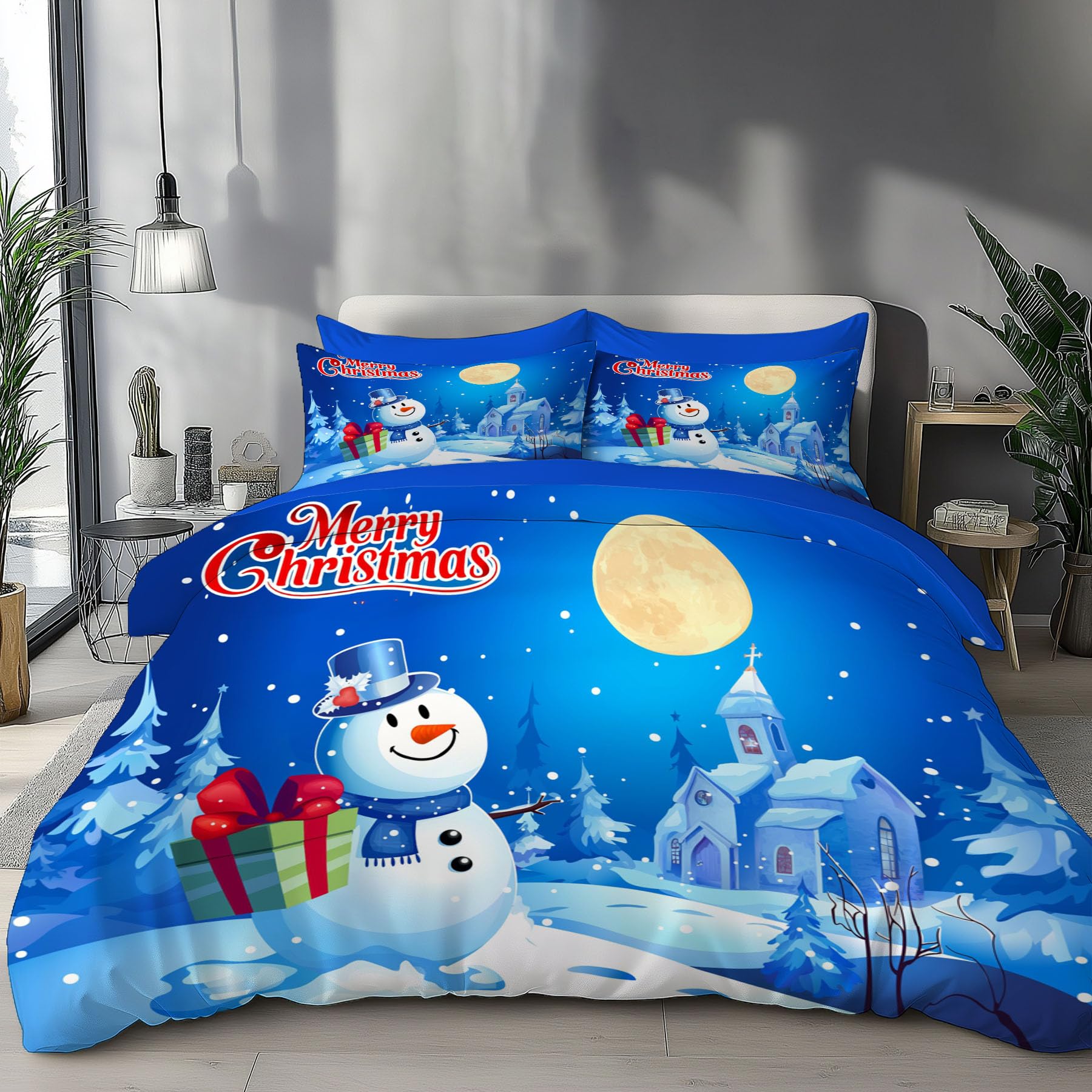 Housse de couette 220x240 fermeture éclair bonhomme de neige pour changer de drap facilement