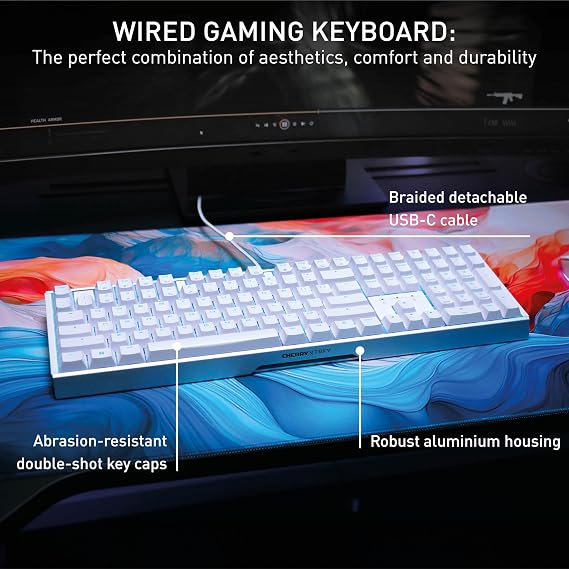 CHERRY XTRFY MX 3.1, Mechanical Gaming Keyboard, UK Layout (QWERTY), RGB Lighting, Aluminium Housing, USB-A Port, MX2A RED Switches, White