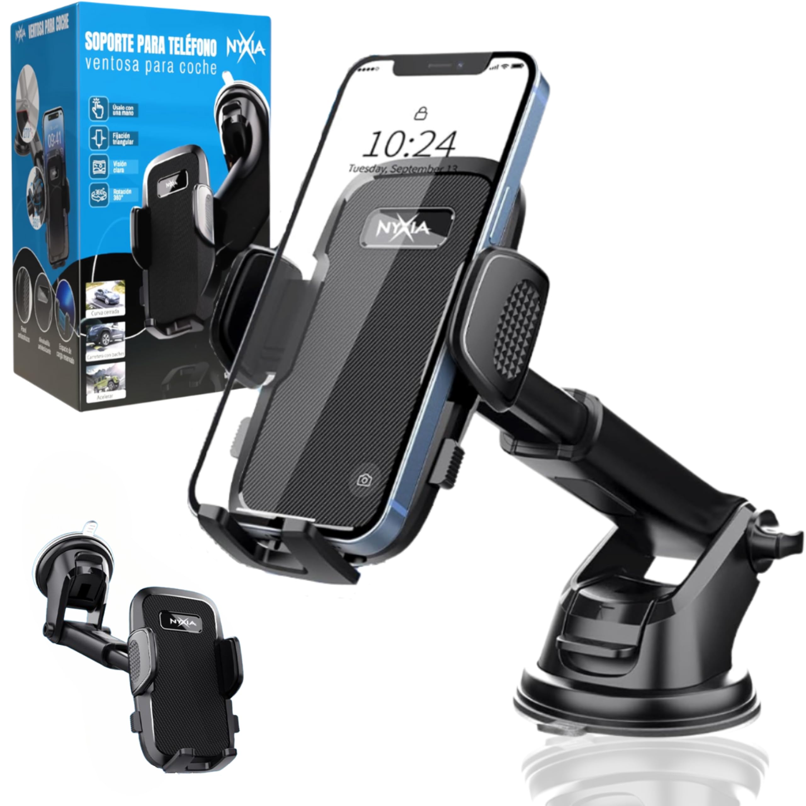 Nyxia® Soporte Movil Coche | Soporte Telefono Coche Universal | Potente Ventosa | Salpicadero/Parabrisas | Rotacion 360º | Compatible con Teléfono Móvil de 4” a 7”