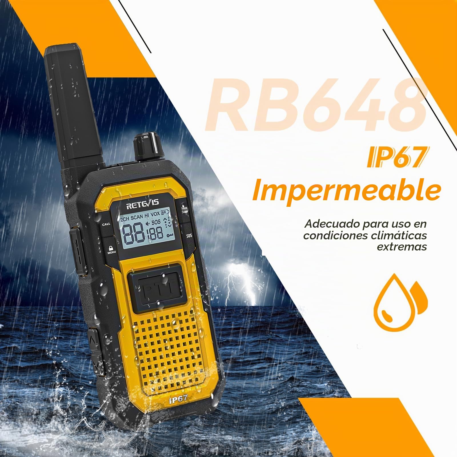 Retevis RB648 Walkie Talkie Profesional, Radio Bidireccional Impermeable | MIL-STD-810H, IP67 Impermeable, Vibración SOS, 2000 mAh, Resistente con Auricular para Construcción (4 Pcs, Amarillo)