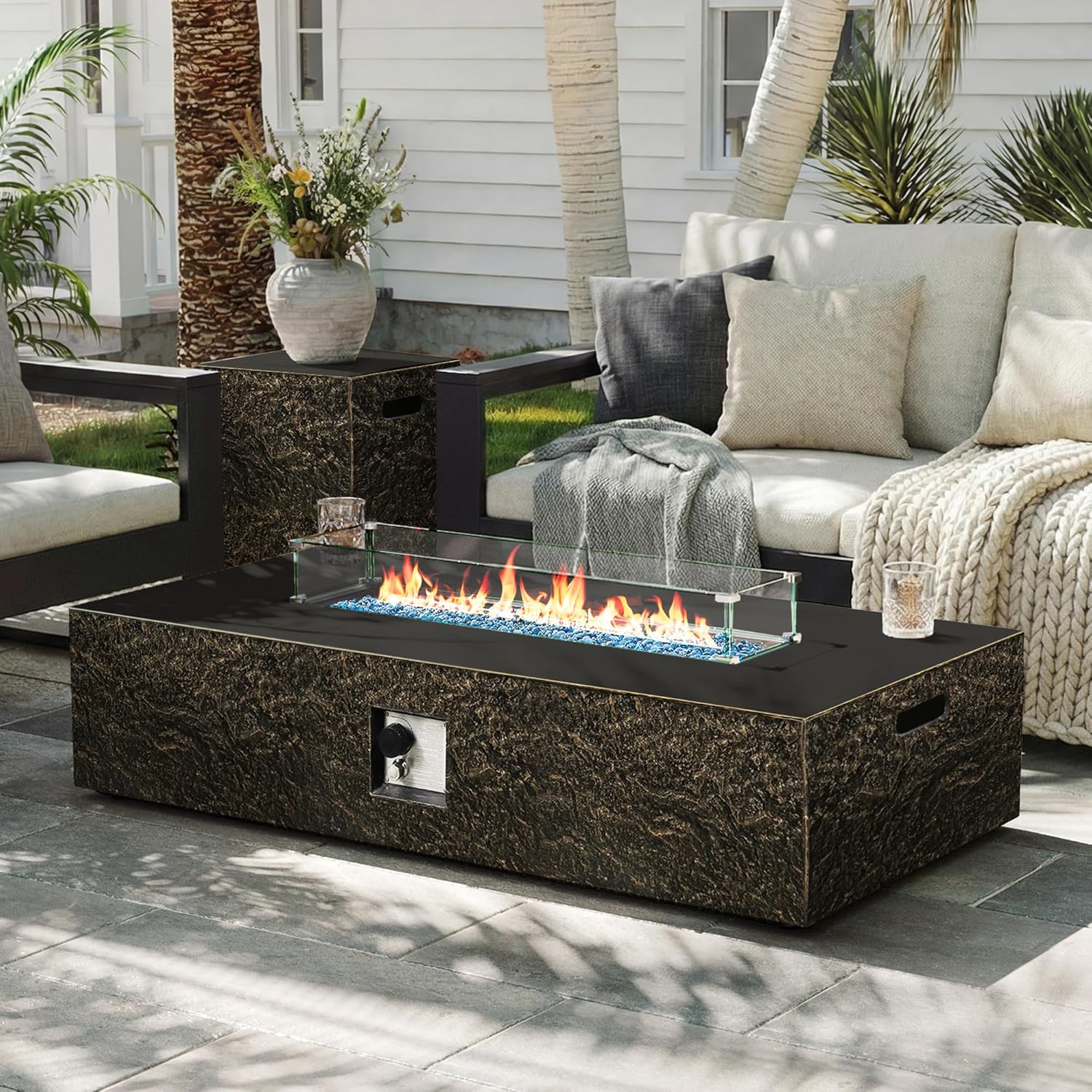 UPHA 56-inch Outdoor Propane Gas Fire Pit Table 50000 BTU Concrete Rectangle FirePit for Outside Patio with Propane Tank Cover, Wind Guard, Blue Glass Rocks, Rain Cover, Bronze