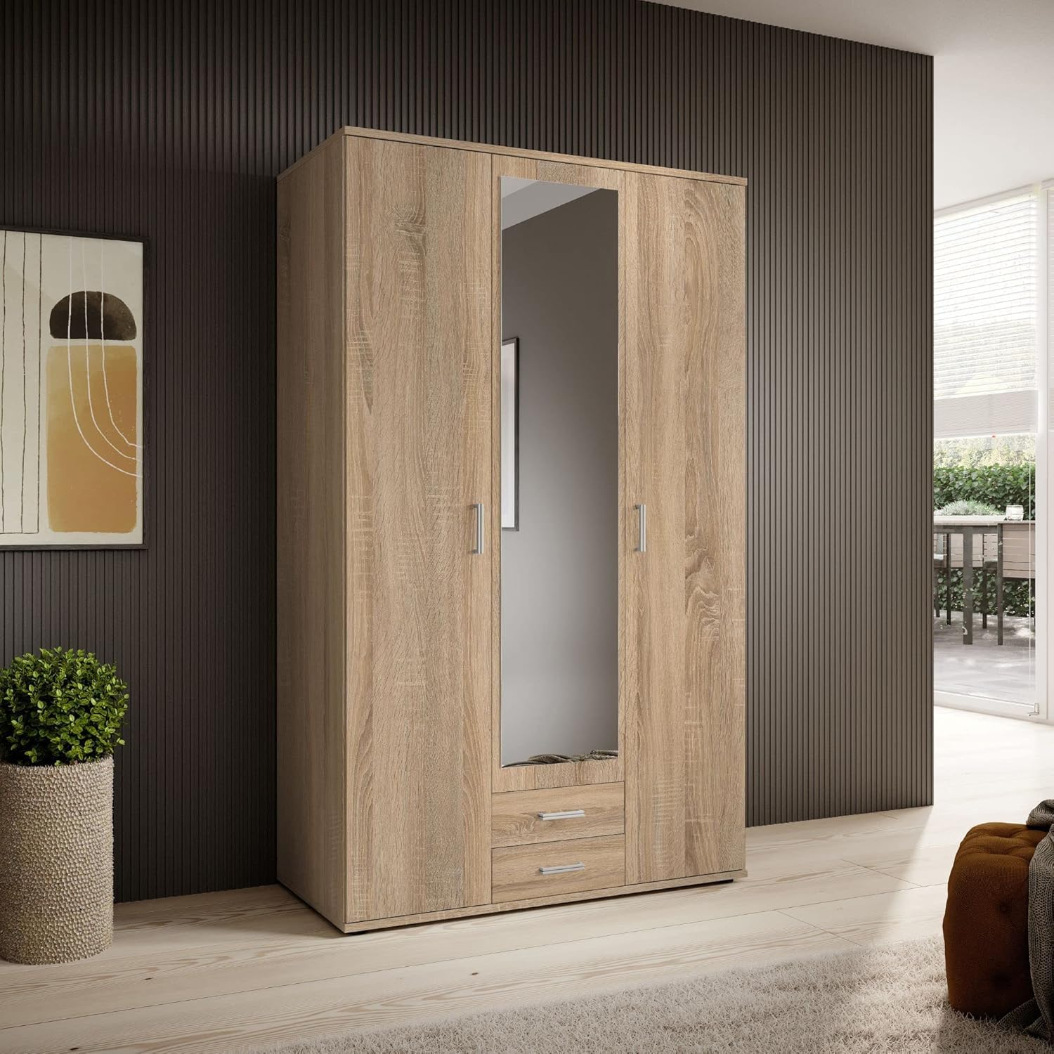KARL, Elegante armadio a 3 ante molto capiente, versatile in effetto rovere Sonoma con anta a specchio, 120 x 195 x 55 cm