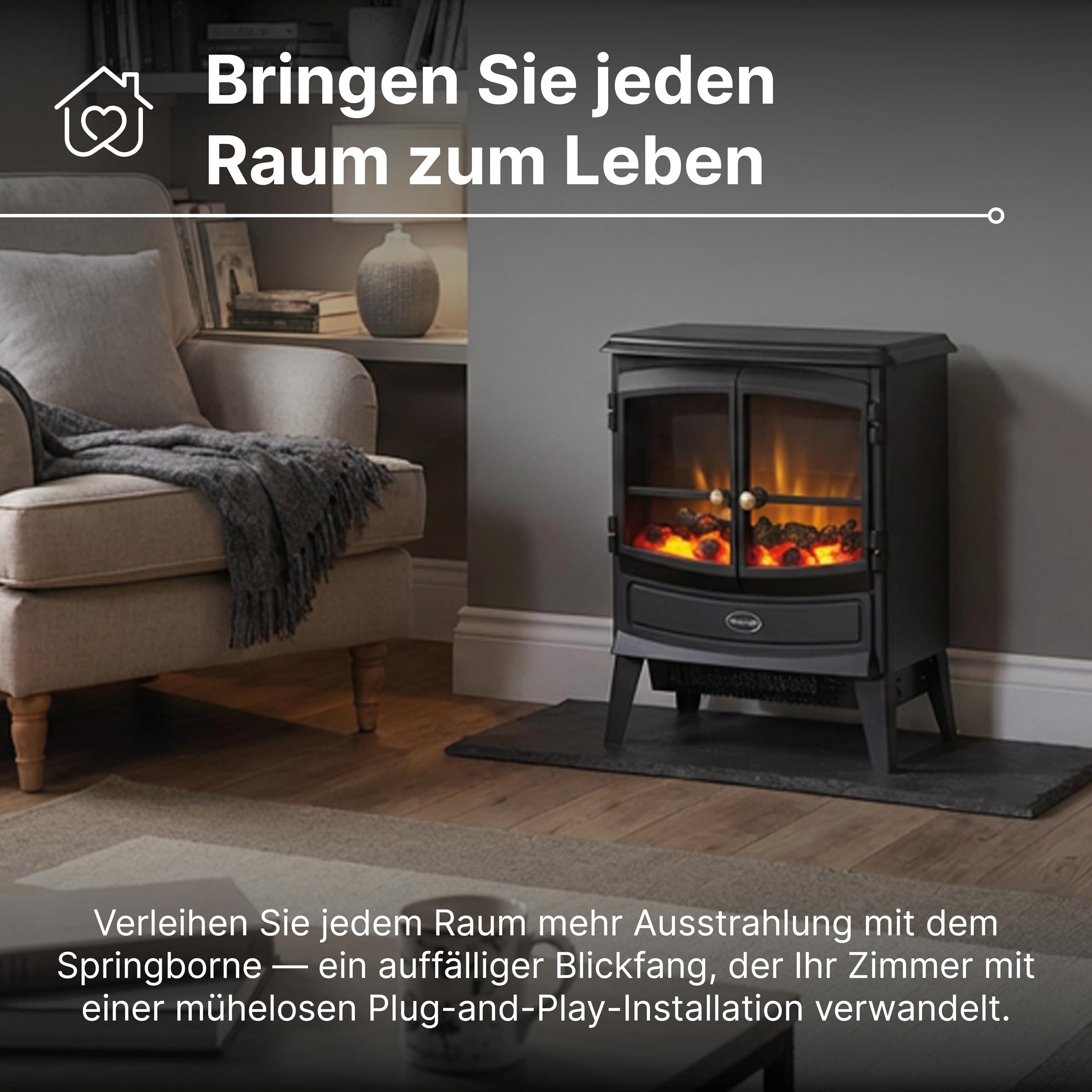 Dimplex Springborne Elektrokamin - Freistehender Elektrokamin mit Heizung und Optiflame LED-Flammeneffekt - Zuschaltbare 2kW Heizung - Inklusive Thermostat und Fernbedienung