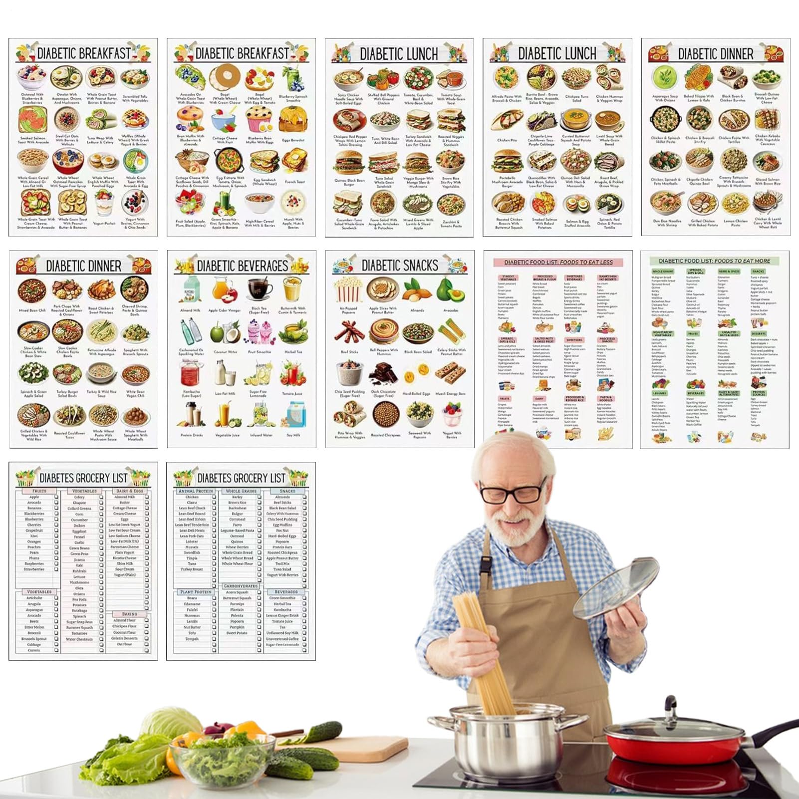 Lista de alimentos para diabetes, tabla de control de glucosa, plan de dieta reutilizable, planificador de comidas portátil