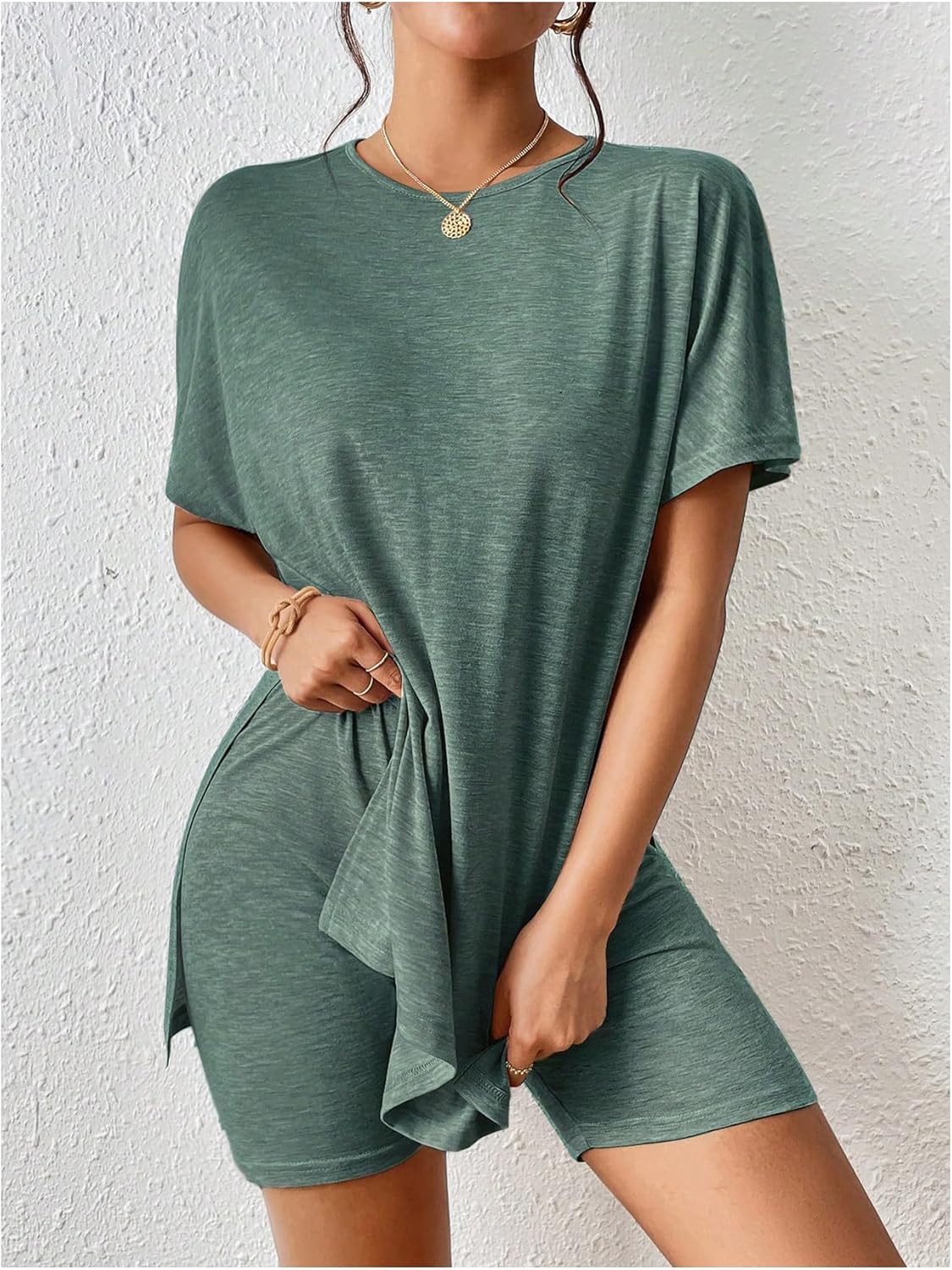 SOLY HUX Women's 2 Piece Summer Casual Outfits Short Sleeve Split Hem T Shirt Tops and Biker Shorts Set - Image 5