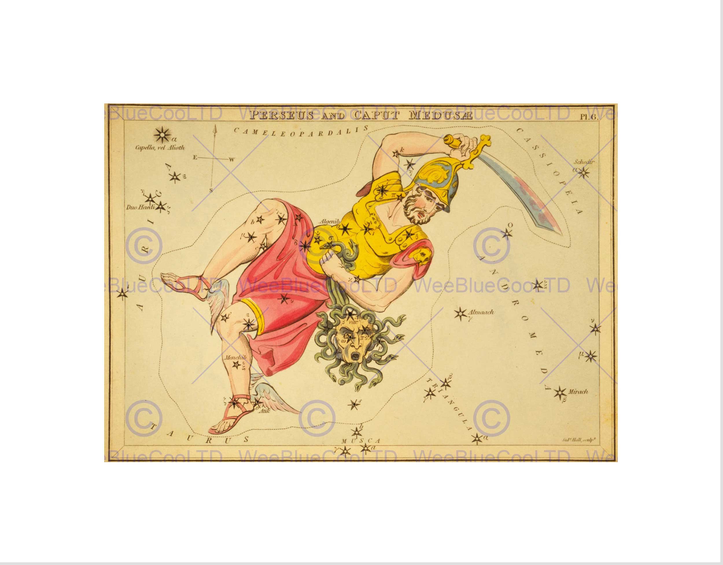 Wee Blue Coo PAINTINGS DRAWING STAR MAP PERSEUS MEDUSA CONSTELLATION FRAMED PRINT B12X10923