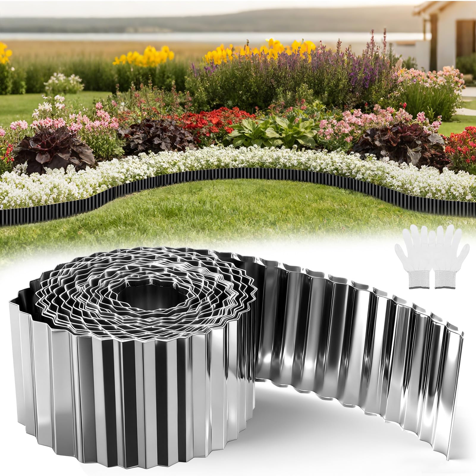 wowspeed Silver Metal Garden Edging Border 1PCS, 10m/32.8ft Flexible Lawn Edging for Flower Beds Plants, Patio Landscaping Pathway Borders Strip, No Digging DIY Landscape Border, Gloves Included — image 1