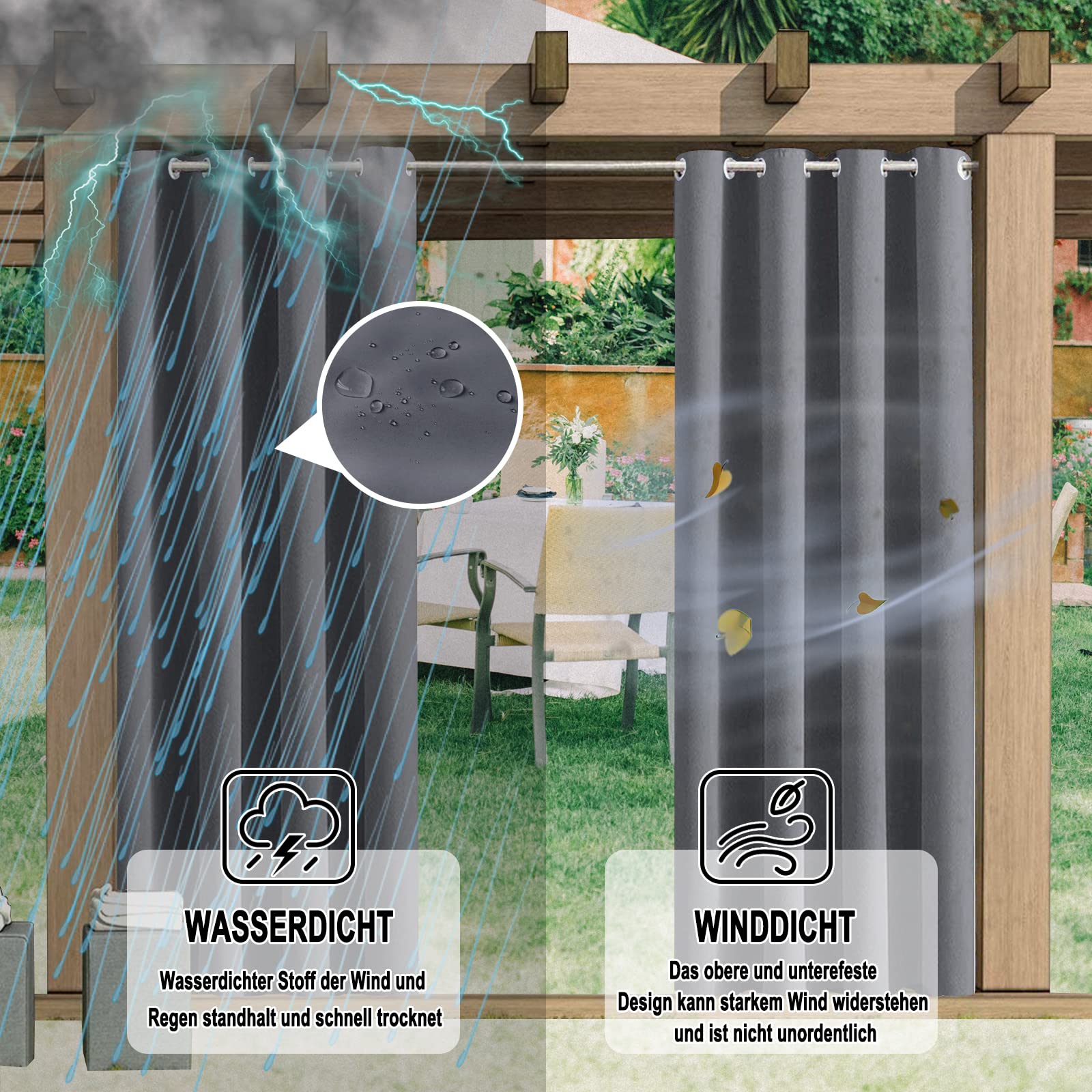 Outdoor Vorhang Wetterfest, 1 Stück Outdoor Vorhang Wasserdicht Wetterfest Blickdicht mit Ösen, 24 Farben Sichtschutz Sonnenschutz Outdoor Gardine für Veranda, Pergola, Laube, Custom
