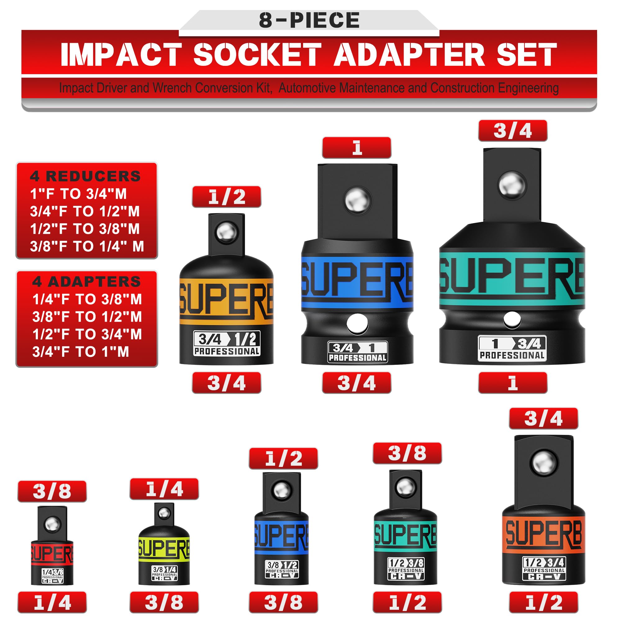 Aiourx 8-Piece Impact Socket Adapter Set, 1/4