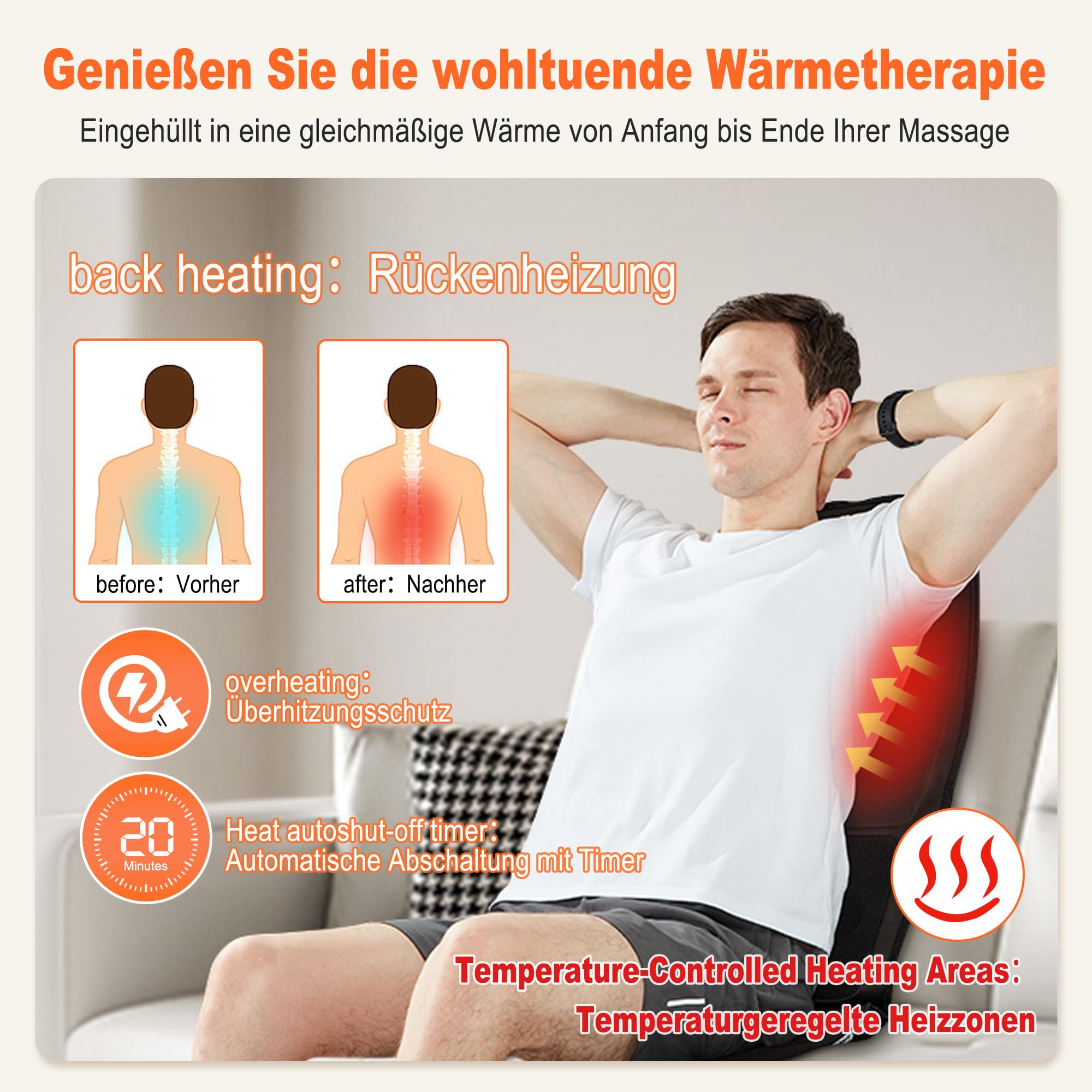 Cojín de masaje de espalda, cojín de masaje de tejido profundo con vibración, 2 niveles de refrigeración o calor para aliviar la fatiga muscular y el estrés