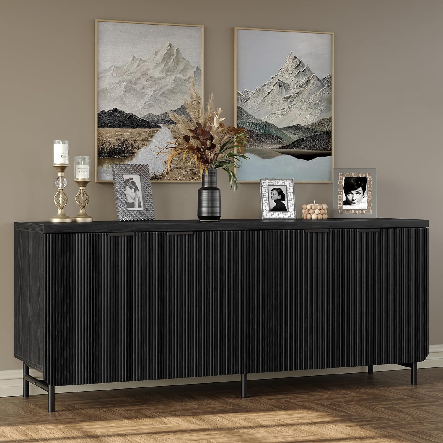 Furniouse 66.2''W Large Fluted Buffet Cabinet used as an entertainment center with a TV