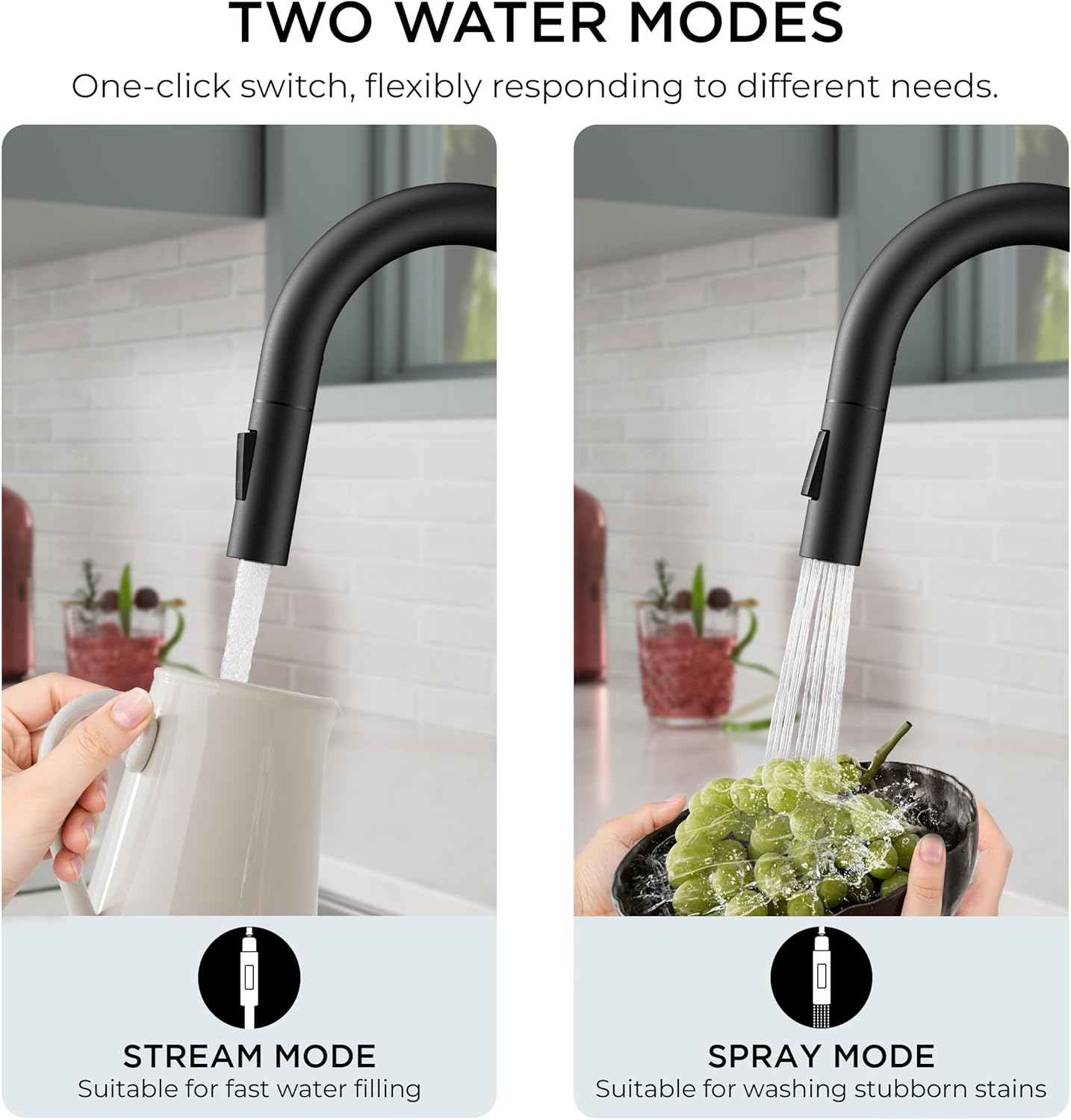 FORIOUS Black Bar Sink Faucet for Kitchen Sink, Modern Single Handle Kitchen Faucet with Pull Down Sprayer, Stainless Steel High Arc with Deck Plate for 1 or 3 Hole, Suitable for Bathroom RV Camper - Image 5