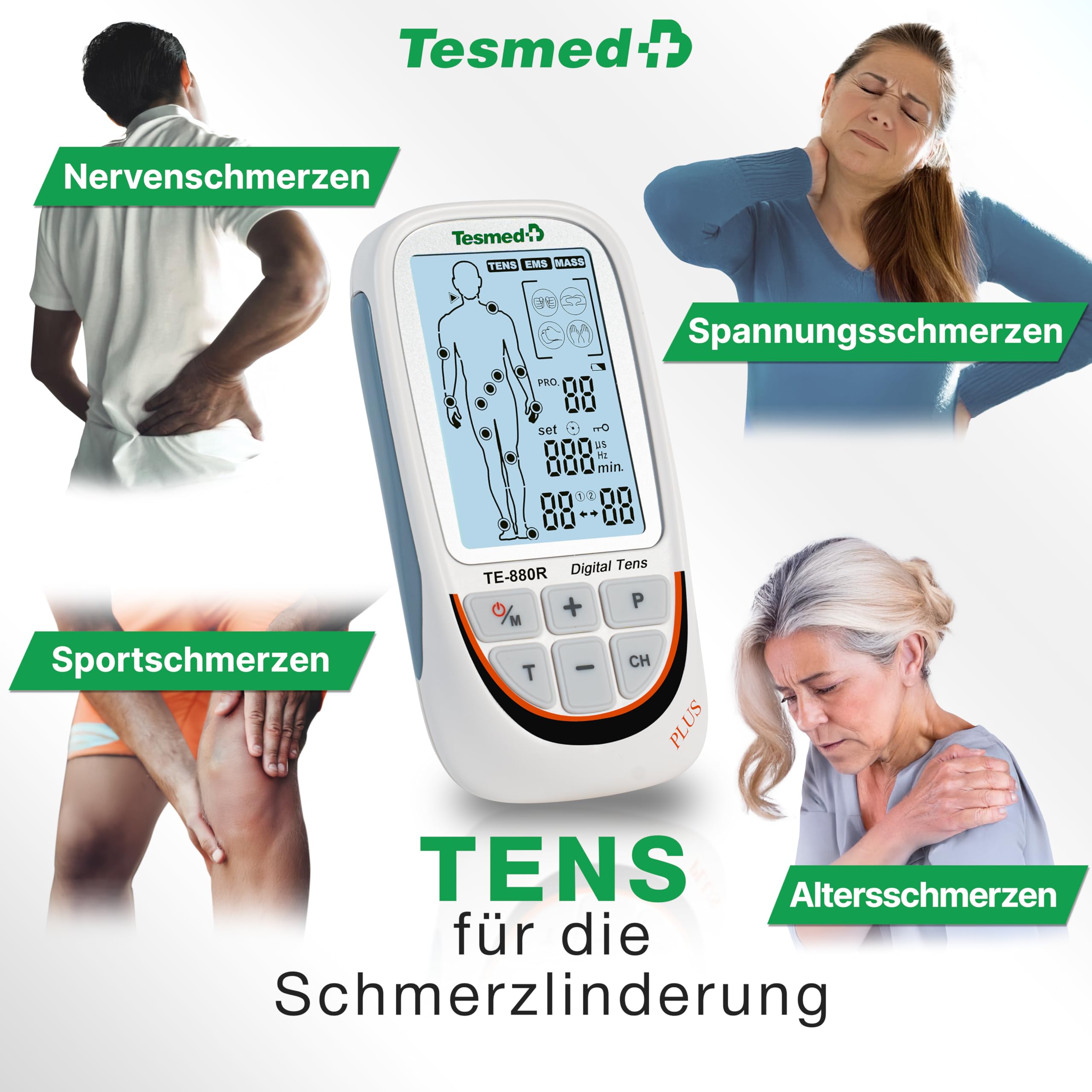 Nahaufnahme des TESMED TE-880R Plus mit sichtbarem LCD-Display und Bedienelementen.