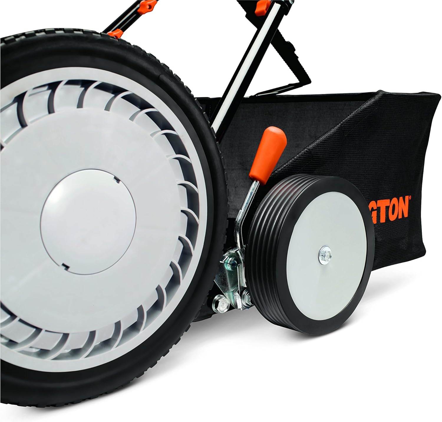 Close-up of the Remington RM3100 reel mower wheel and height adjustment lever