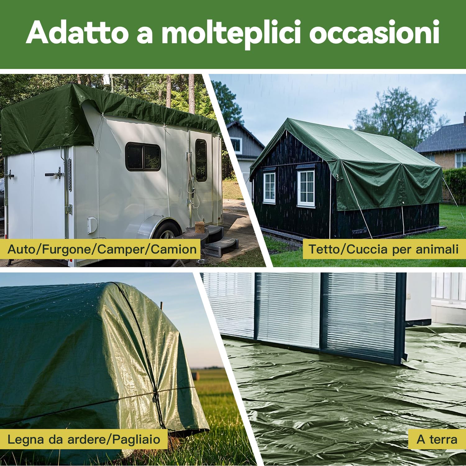 Telo Telone Teloni impermeabile 100g/m² Medio 3x3m Consolida fori di saldatura a secco Multiuso Resistenza a strappo tenda UV telone tetto barca camion Telone auto RV (verde)