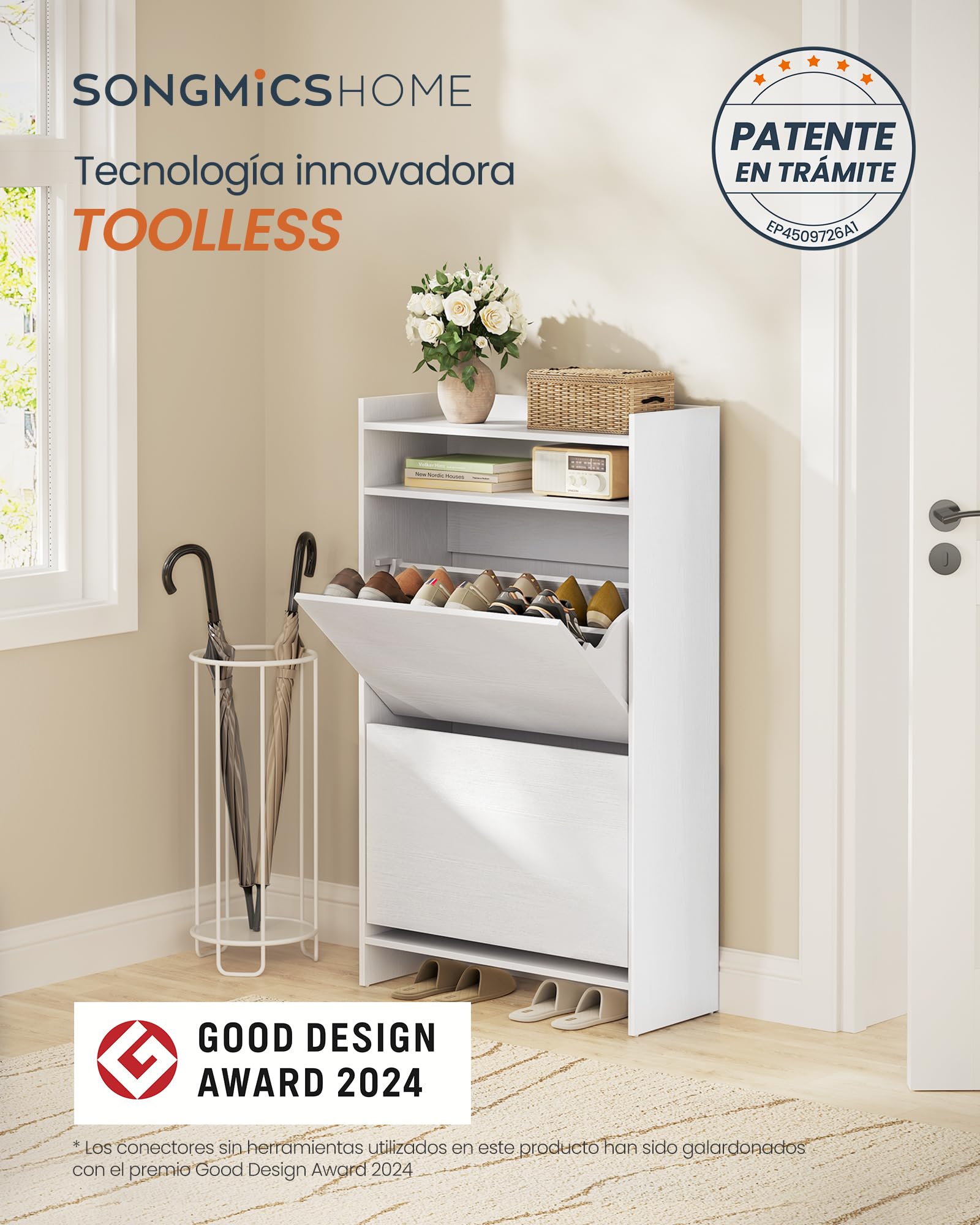 SONGMICS Home Zapatero con 2 Puertas Abatibles, Montaje Súper Rápido Sin Herramientas Toolless, Mueble Zapatero Estrecho, Separadores Ajustables, Moderno, Blanco Nieve LBC228WE01