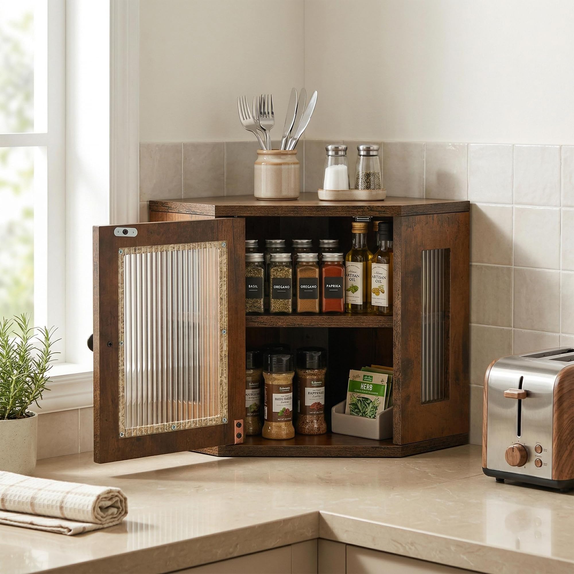 Portapane Angolare 32x32x35cm, Mobile Contenitore Cucina con Mensola Regolabile, Porta Acrilica Trasparente, Finitura Effetto Legno, Risparmio Spazio, Design Rustico Moderno