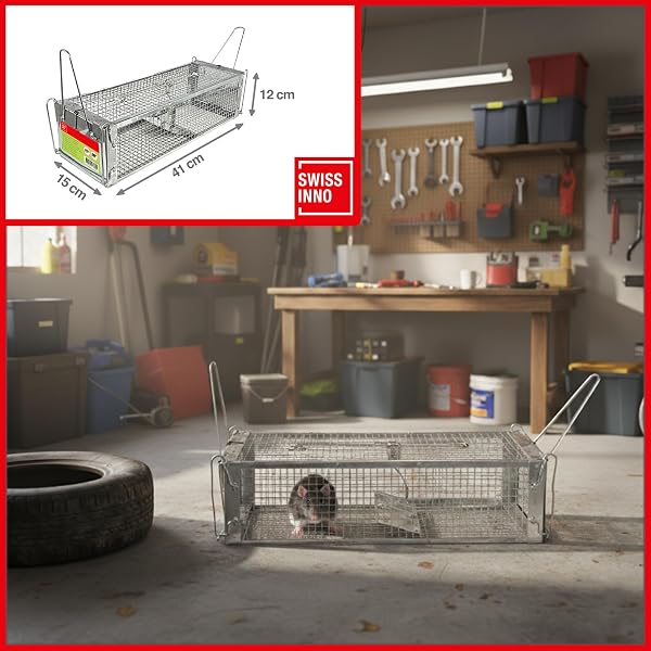 SWISSINNO Lebendfalle Mausefalle und Rattenfalle PRO mit Zweitürig – Lebendfalle für Mäuse & Ratten - Doppeleingang - Zinkblech 41×15×12 cm - Wiederverwendbar - Innen & Außen - 2