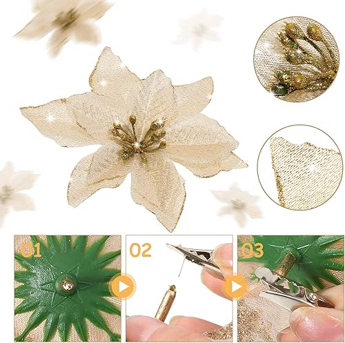 Miniatura 21 de 36 piezas de 3 tamaños de flores artificiales de Navidad con purpurina de Navidad para decoración de árbol de Navidad, Año Nuevo, decoración