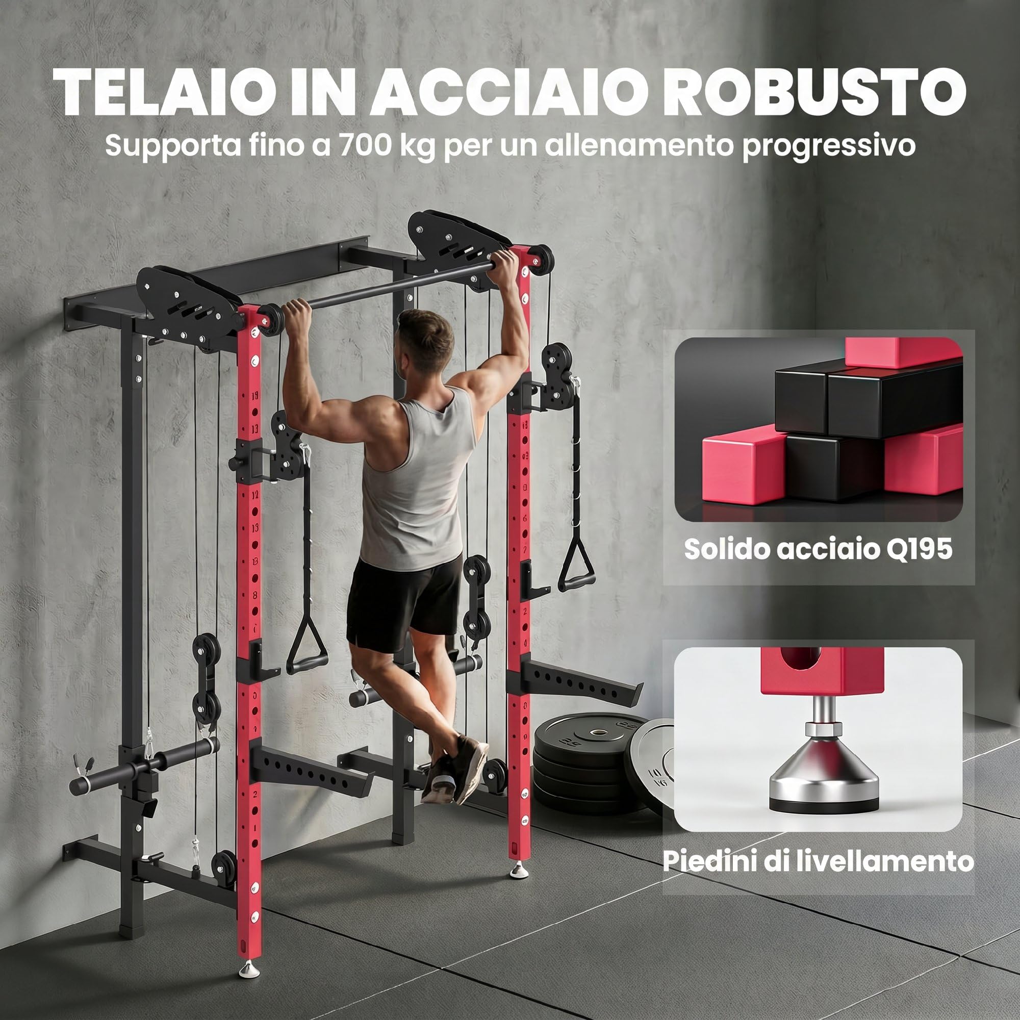 SPORTNOW Power Tower Pieghevole da Parete con Barra Trazioni Rosso | Rack Palestra, Sistema a Puleggia per Cavi, Squat Rack Multifunzione Regolabile 14 Livelli, Palestra Casa, Max 700 kg