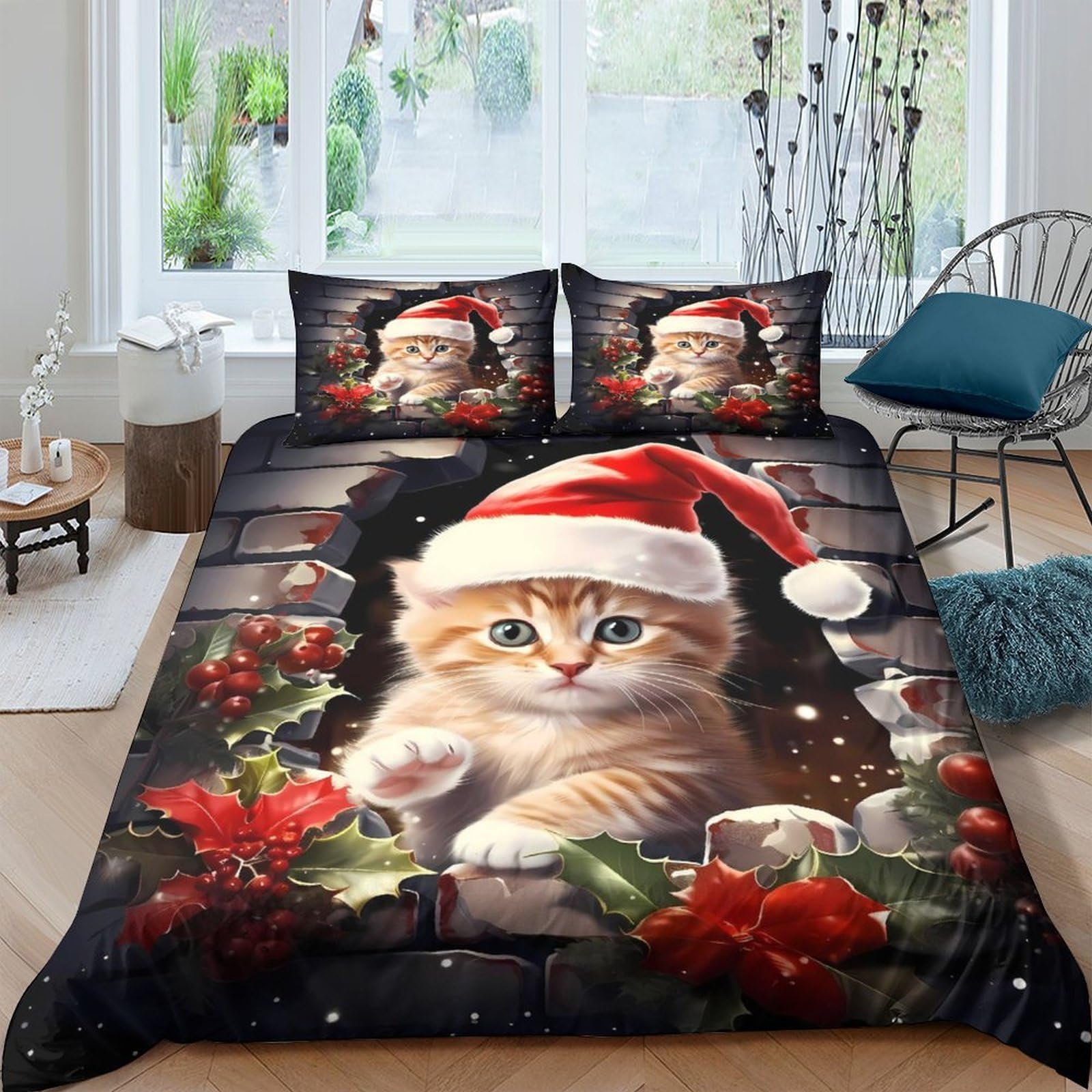 Ctjqhvkz Style-5 3D Printed Christmas Cat Fitted Sheet Microfiber Soft Breathable Santa Claus Bed Cover For Bedroom Guest Room Decor Single（135X200cm）