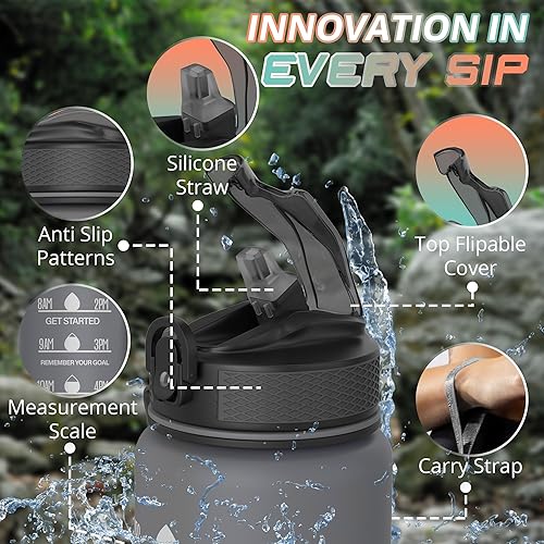 Miniatura 3 de WHIPY Botella de agua deportiva (gris, 32 onzas) con popote, botella deportiva reutilizable a prueba de fugas y sin BPA, marcas de tiempo