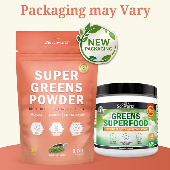 BioSchwartz Greens Powder Super Greens with Probiotics, Prebiotics, Digestive Enzymes & 43 Green Superfoods - Chlorophyll, Bilberry, Chlorella, Spirulina - Tastes Amazing - 30 Servings