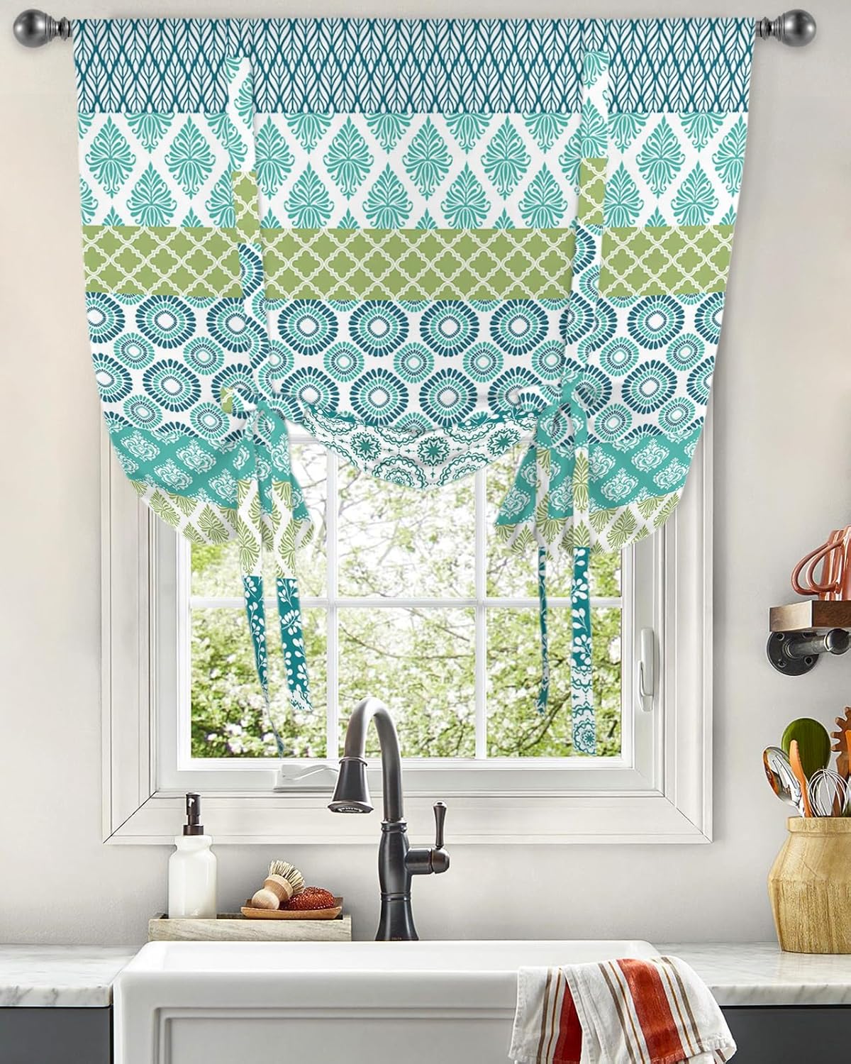 Teal Striped Tie Up Curtains for Window, Boho Modern Geometric Abstract Art Ethnic Thermal Insulted Balloon Shade Adjustable Rod Pocket Curtains Valance Panels for Kitchen Bathroom Café 42 x 63