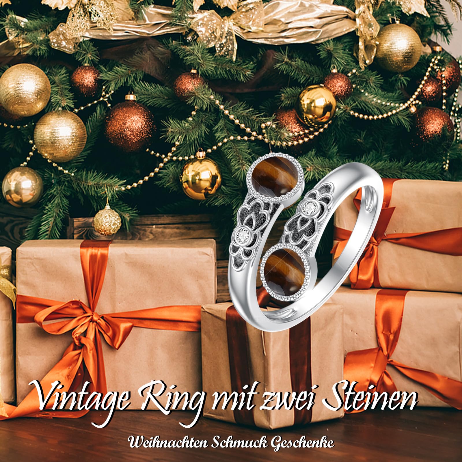 Lapis Lazuli/Rosa Opal/Turquesa Anillo de Plata de Ley 925 Doble Piedra Anillos Vintage Flores Anillo Ajustable Anillo Joyería Regalo para Mujer, 7 (DE), Plata de ley