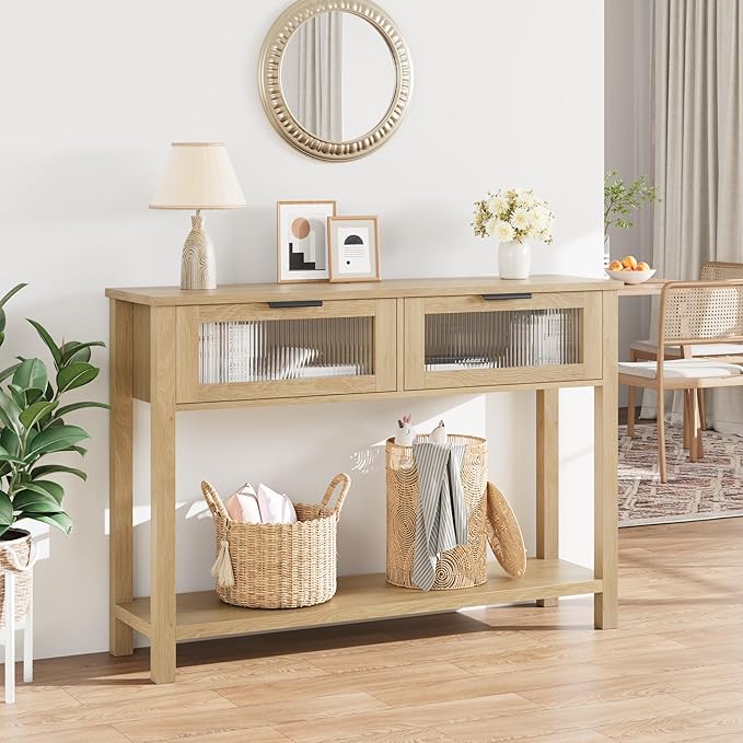 GAOMON Entryway Table, Wood Console Table with 2 Glass Drawers, 2 Tier Sofa Table with Storage for Living Room, Foyer Tables for Entryway-Burlywood