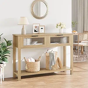 GAOMON Entryway Table, Wood Console Table with 2 Glass Drawers, 2 Tier Sofa Table with Storage for Living Room, Foyer Tables for Entryway-Burlywood